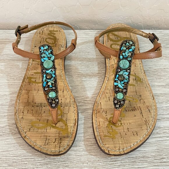 Sam Edelman Sandals 6.5 Tan Turquoise Blue Stones Beads Cork Thong T Strap Flat - Picture 5 of 12